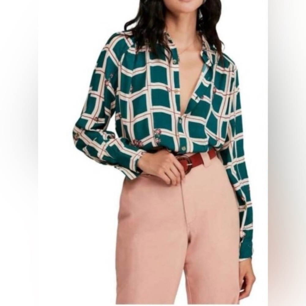 Free People Green and White Graphic Button Down Shirt SIZE M